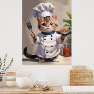 Calico Kitten Chef with Fork Cute Baking  Poster