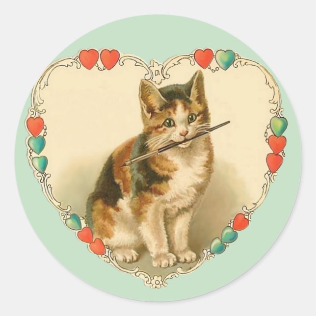 Calico Kitten in Heart Classic Round Sticker (Front)