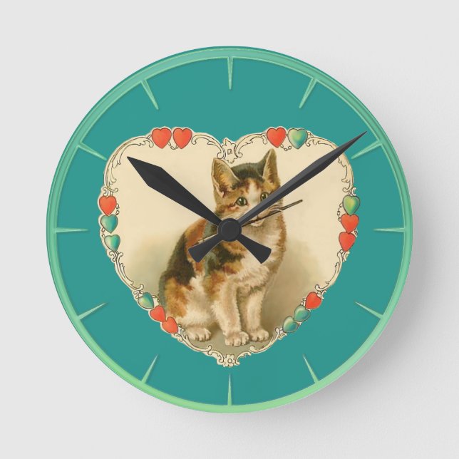 Calico Kitten in Heart Round Clock (Front)