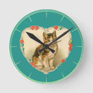 Calico Kitten in Heart Round Clock