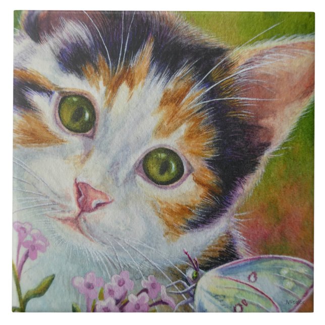 Calico Kitten & Sulphur Butterfly Watercolor Art Tile (Front)