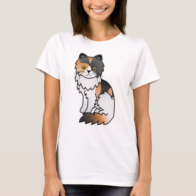 Calico Persian Cute Cartoon Cat Illustration T-Shirt (Front)