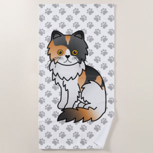 Calico Persian Cute Cartoon Cat & Paws Beach Towel