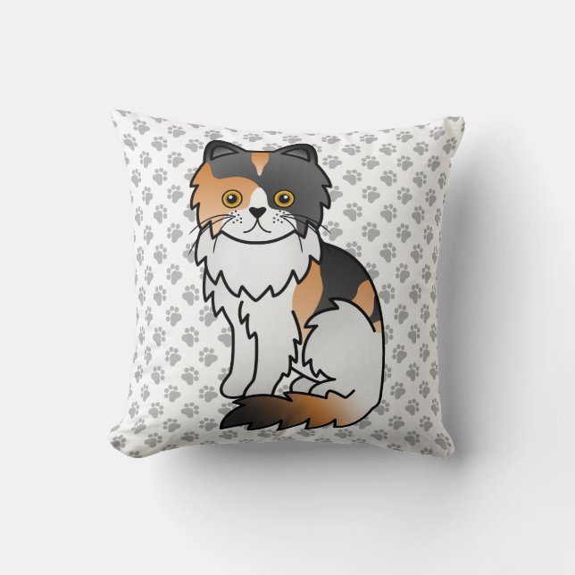 Calico Persian Cute Cartoon Cat & Paws Cushion (Front)
