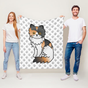 Calico Persian Cute Cartoon Cat & Paws Fleece Blanket