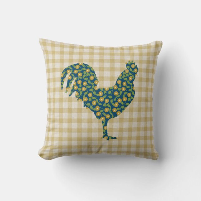 Calico Rooster Gingham Pattern Blue Yellow Green Cushion (Front)