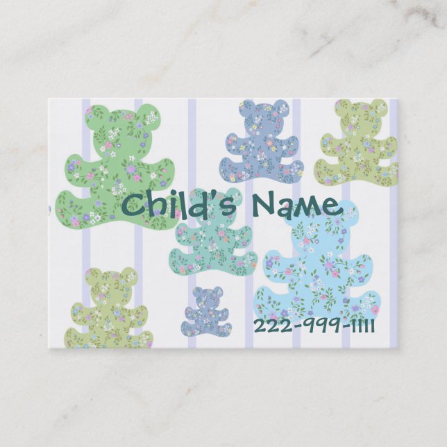Calico Teddy Bears Children's Calling Card (Front)