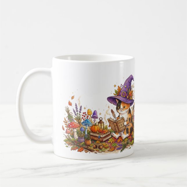 Calico Witch Cat Deciphering Spells - Magic Forest Coffee Mug (Left)