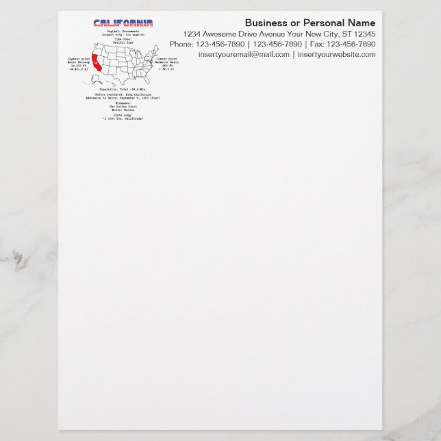 California American state on a map and useful info Custom Letterhead (Front)