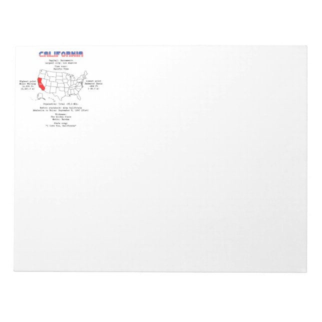 California American state on a map and useful info Notepad (Front)