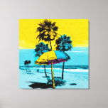 California Beach Pop Art Canvas Print<br><div class="desc">Experience the fun and vibrancy of a California beach with our stunning pop art canvas print. Featuring bright and bold colours in shades of blue and yellow, this eye-catching piece captures the essence of the beach with playful beach umbrellas and swaying palm trees. Hang it in your living room, bedroom,...</div>