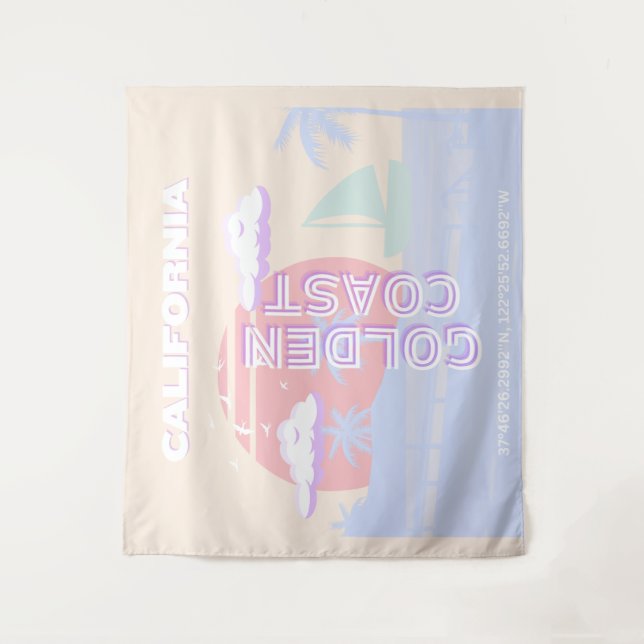 California, Beach, Travel Art, Preppy, Pastel Tapestry (Front)