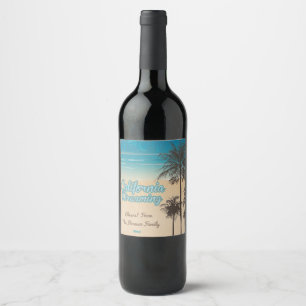 California, Beach with Palm Trees Wine Label
