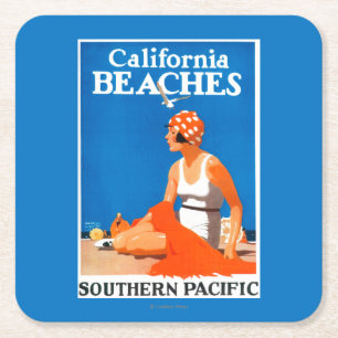 California Beaches Promotional Poster Square Paper Coaster