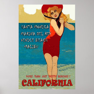 California beaches, woman in red swimsuit poster