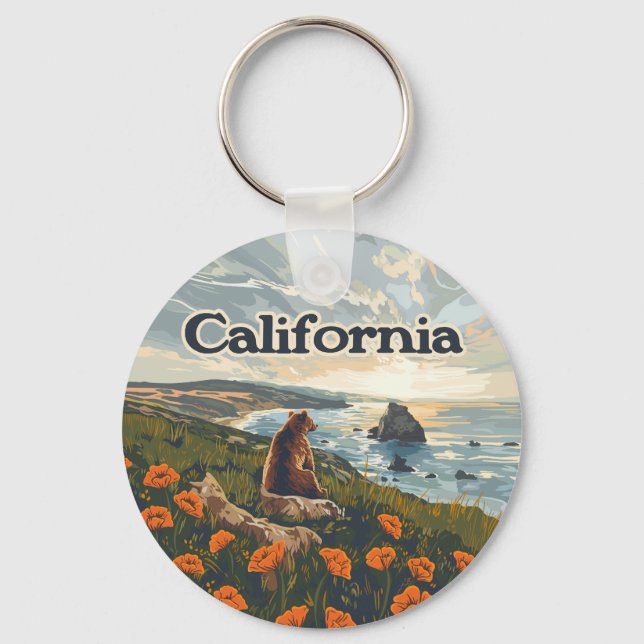 California Bear Poppies Flowers Coast Retro Key Ring (Front)