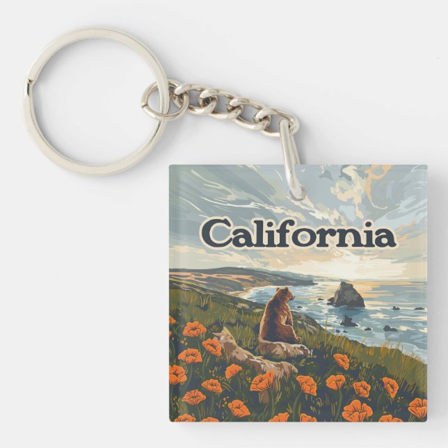 California Bear Poppies Flowers Coast Retro Key Ring (Front)