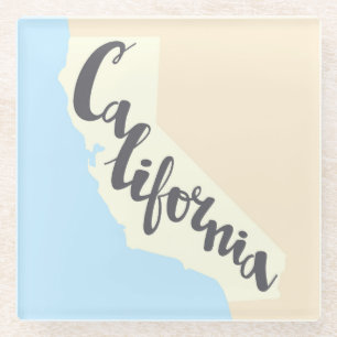 California Brush Lettering With Silhouette Map Glass Coaster
