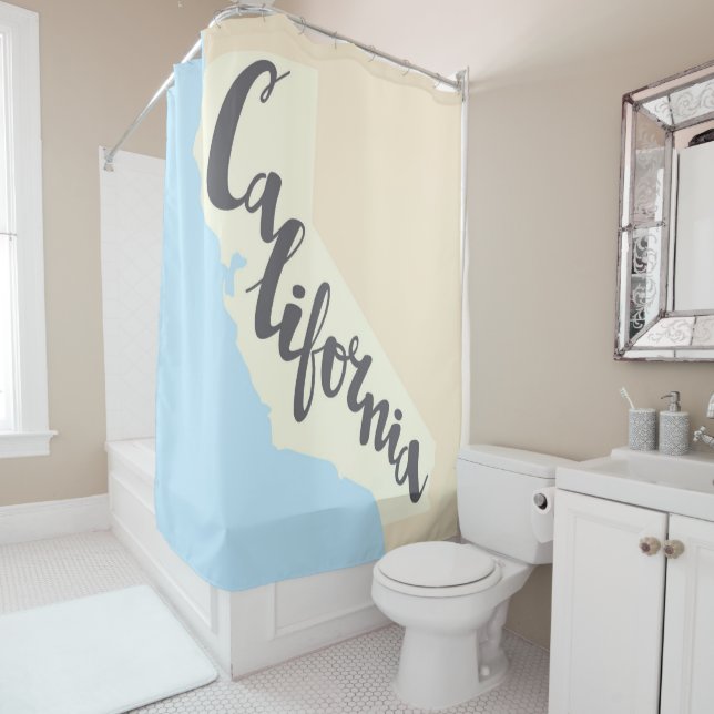 California Brush Lettering With Silhouette Map Shower Curtain (In Situ)