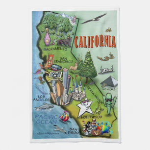 California Cartoon Map Tea Towel
