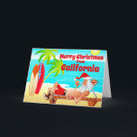 California Christmas Santa and Surfboards Beach Holiday Card<br><div class="desc">This Merry Christmas holiday greeting card features Santa Clause at a California Beach. He is relaxing with his surfboards, enjoying the sun, palm trees and his pipe. Inside Greeting ~ "Warmest Wishes from our Holiday Paradise to yours... ". All of the text, on this greeting card, can be personalised to...</div>
