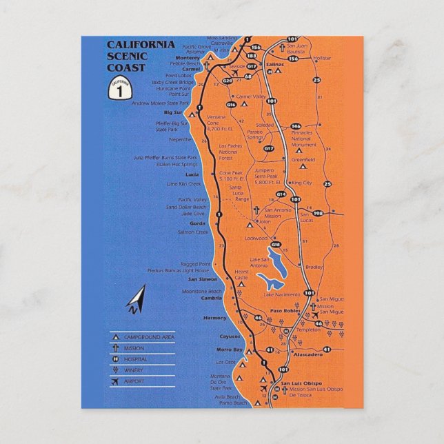 California Coast Map Postcard (Front)