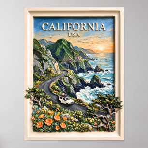 California Coastal Road Trip Vintage Landscape Art Poster