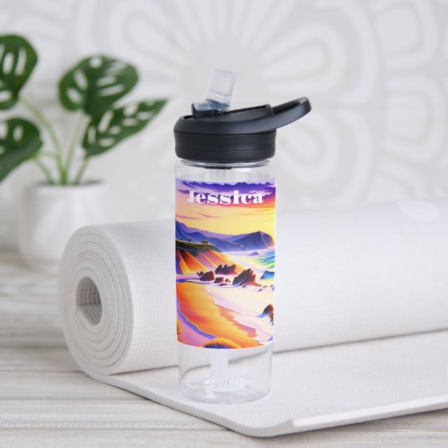 California Coastline Sunset Personalised Water Bottle (Yoga)