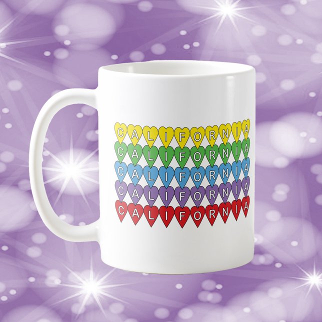 California Colourful Hearts Pattern Coffee Mug (A mug with the word California in yellow, green, blue, purple and red hearts.)