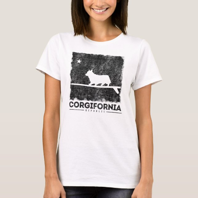 California Corgifornia Corgi Surfboard T-Shirt (Front)