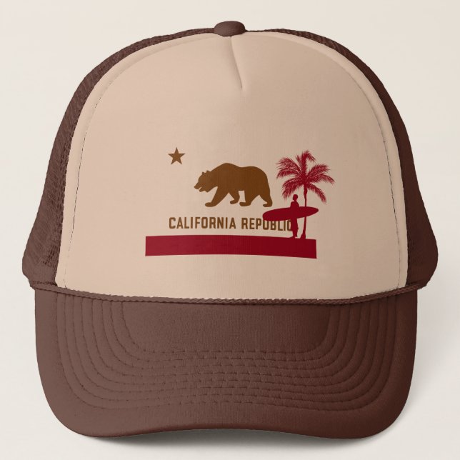 California Flag T-Shirt - Surfer on Beach Trucker Hat (Front)