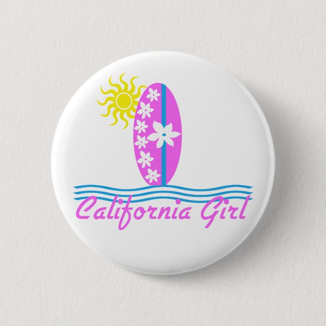 California Girl Pink Surfboard W/Sun 6 Cm Round Badge (Front)
