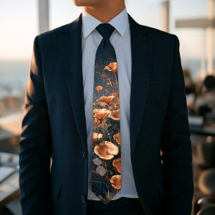 California Golden Poppy & Grizzly Bear Luxury Navy Tie