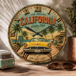California Golden State Beach Cruiser Vintage Car Large Clock