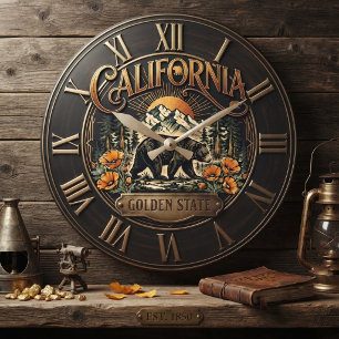 California Golden State Grizzly Bear Vintage Roman Large Clock