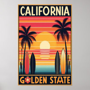California Golden State Vintage Sunset Poster