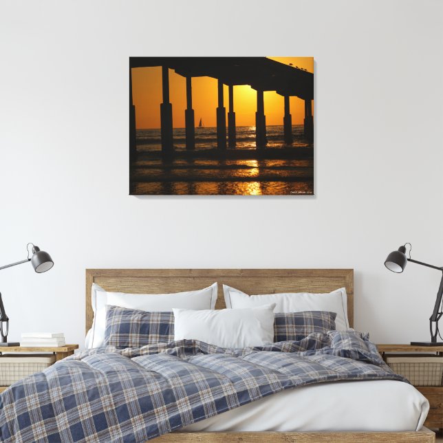 California Golden Sunset Ocean Beach Pier Canvas Print (Insitu(Bedroom))
