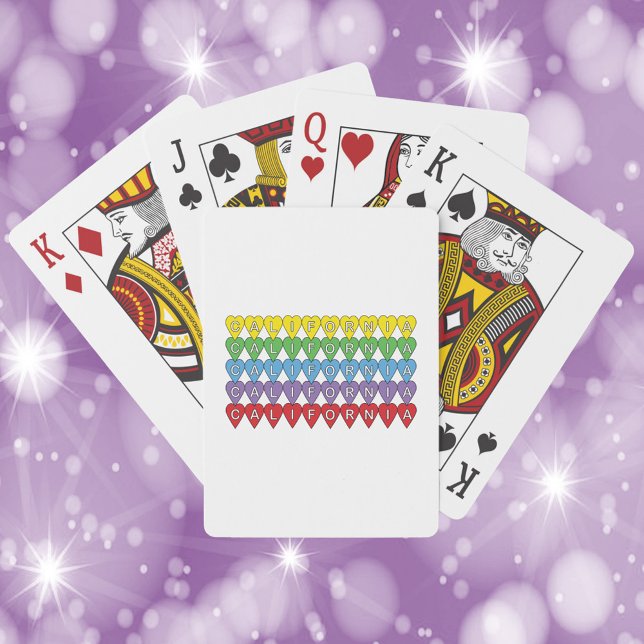 California Heart Pattern Colourful Playing Cards (A deck of playing cards with the word California in yellow, green, blue, purple and red hearts)