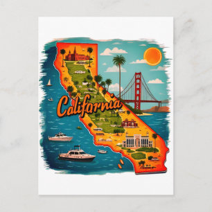 California Landmarks Map Illustration–Retro Travel Postcard