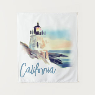 California Lighthouse Sunset Painting Fine Art Tapestry