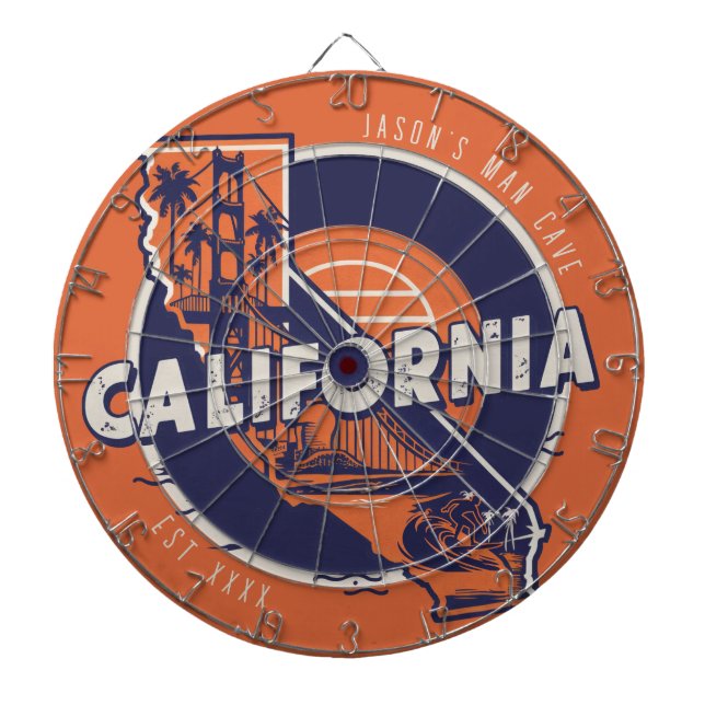 California Man Cave Custom Name Est Date Dartboard (Front)