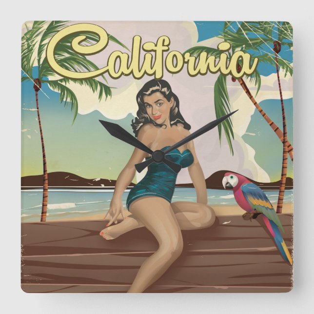 California Model retro travel poster Square Wall Clock (Front)