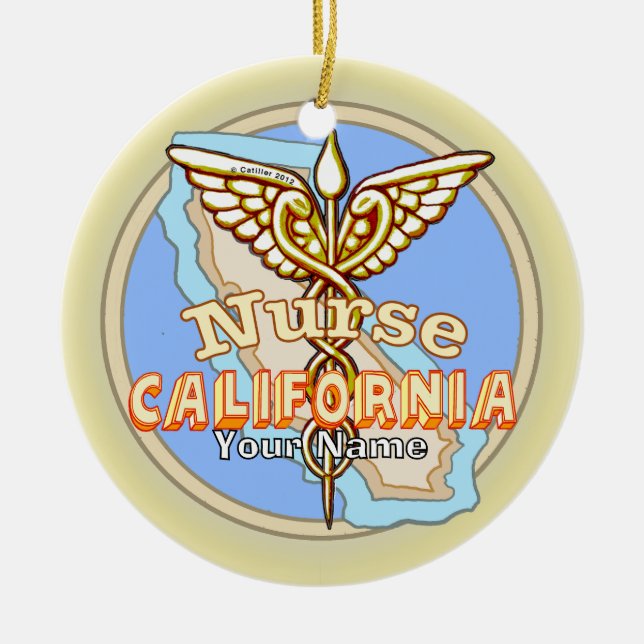 California Nurse Caduceus  Ceramic Tree Decoration (Front)