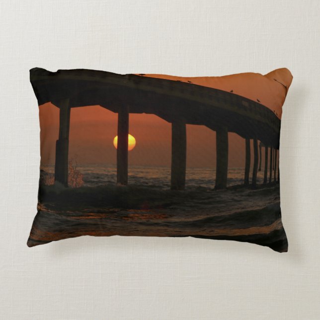 California Pier Ocean Beach Sunset Round Pillow (Back)