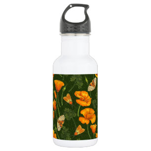 California poppies and moths on dark green 532 ml water bottle