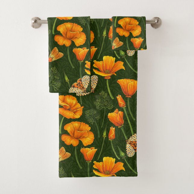 California poppies and moths on dark green bath towel set (Insitu)