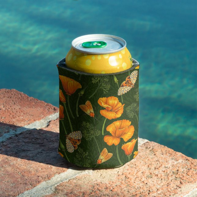 California poppies and moths on dark green can cooler (In Situ Pool)