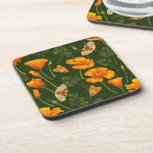 California poppies and moths on dark green coaster