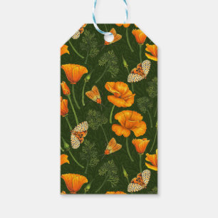 California poppies and moths on dark green gift tags