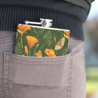 California poppies and moths on dark green hip flask
